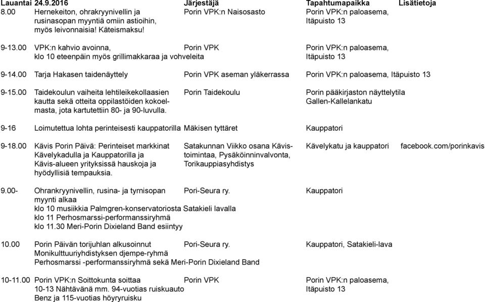 00 VPK:n kahvio avoinna, Porin VPK Porin VPK:n paloasema, klo 10 eteenpäin myös grillimakkaraa ja vohveleita Itäpuisto 13 9-14.