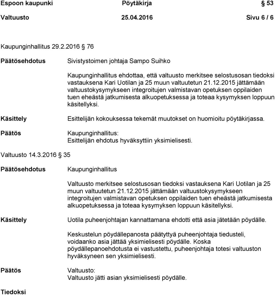 Esittelijän kokouksessa tekemät muutokset on huomioitu pöytäkirjassa. Kaupunginhallitus: Esittelijän ehdotus hyväksyttiin yksimielisesti. Valtuusto 14.3.