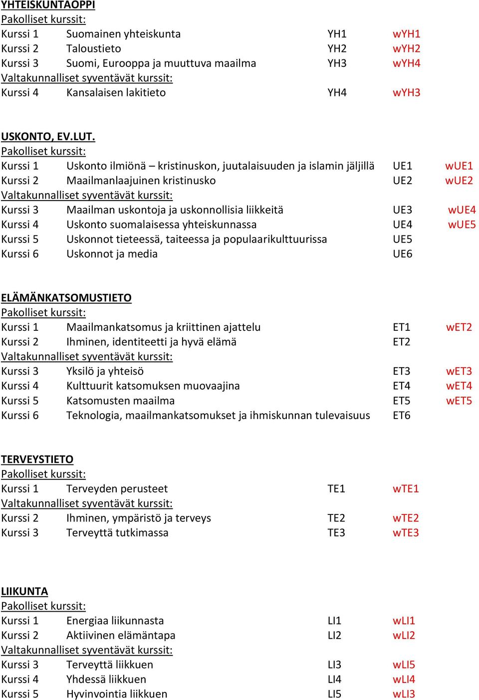 Kurssi 4 Uskonto suomalaisessa yhteiskunnassa UE4 wue5 Kurssi 5 Uskonnot tieteessä, taiteessa ja populaarikulttuurissa UE5 Kurssi 6 Uskonnot ja media UE6 ELÄMÄNKATSOMUSTIETO Kurssi 1 Maailmankatsomus