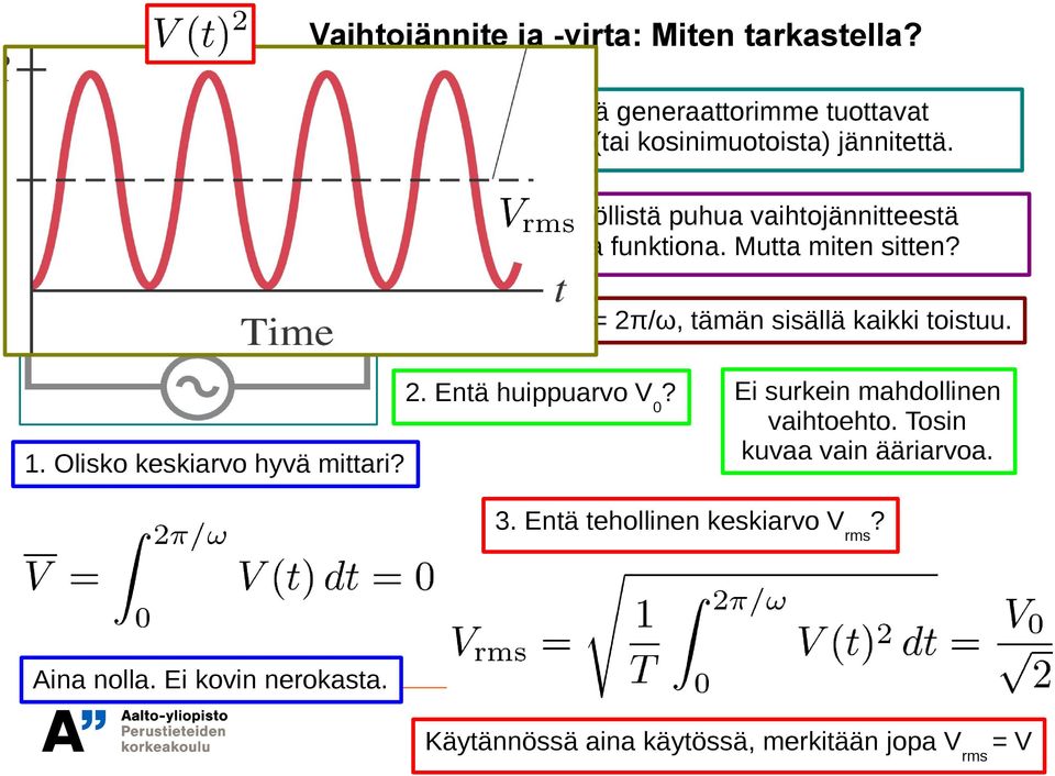 Ei ole käytännöllistä puhua vaihtojännitteestä sinimuotoisena funktiona. Mutta miten sitten?