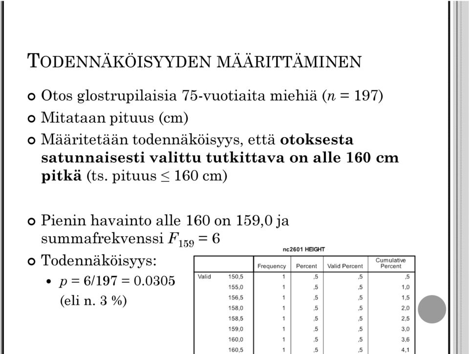 valittu tutkittava on alle 160 cm pitkä(ts.