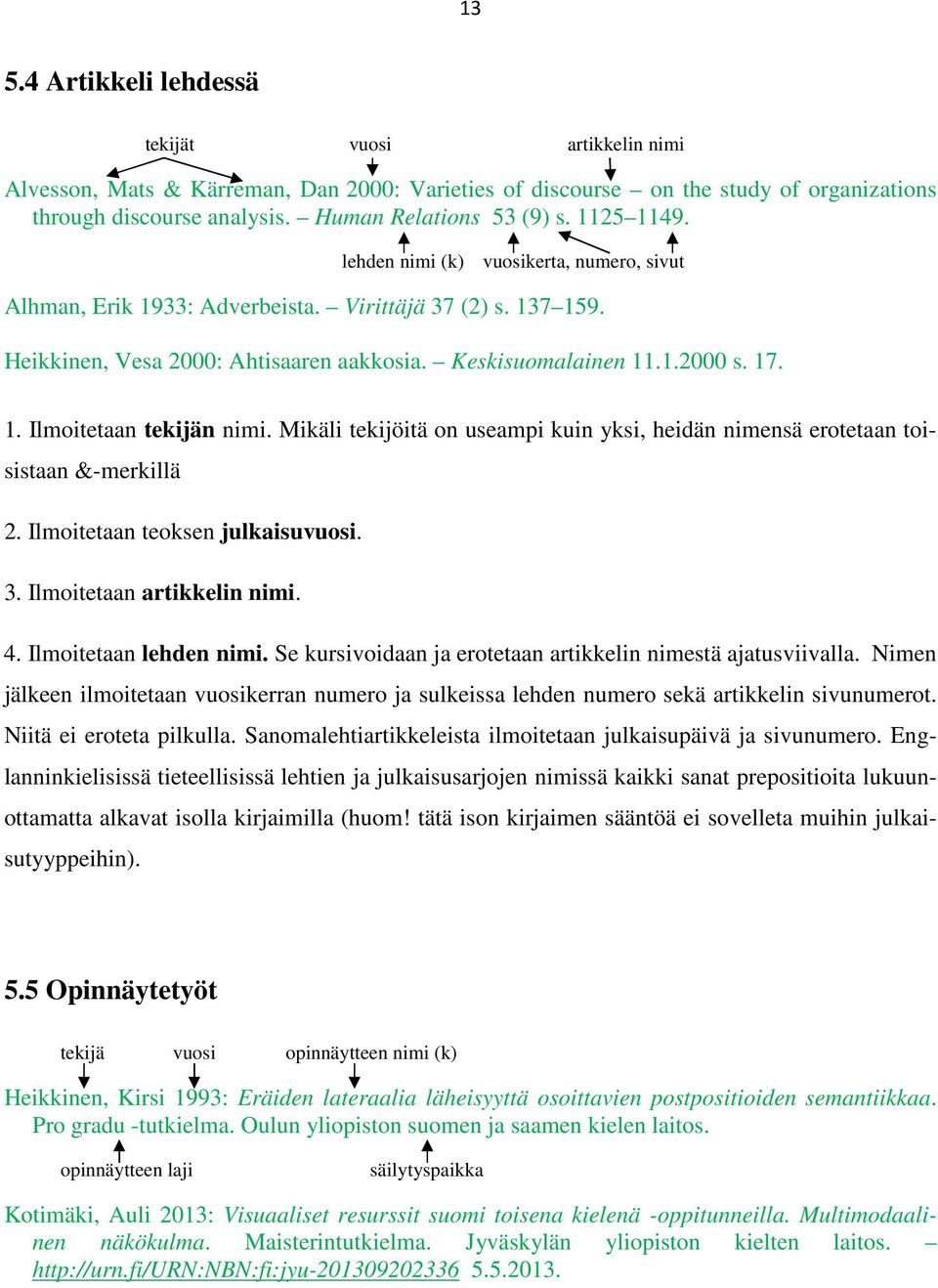 Mikäli tekijöitä on useampi kuin yksi, heidän nimensä erotetaan toisistaan &-merkillä 2. Ilmoitetaan teoksen julkaisuvuosi. 3. Ilmoitetaan artikkelin nimi. 4. Ilmoitetaan lehden nimi.