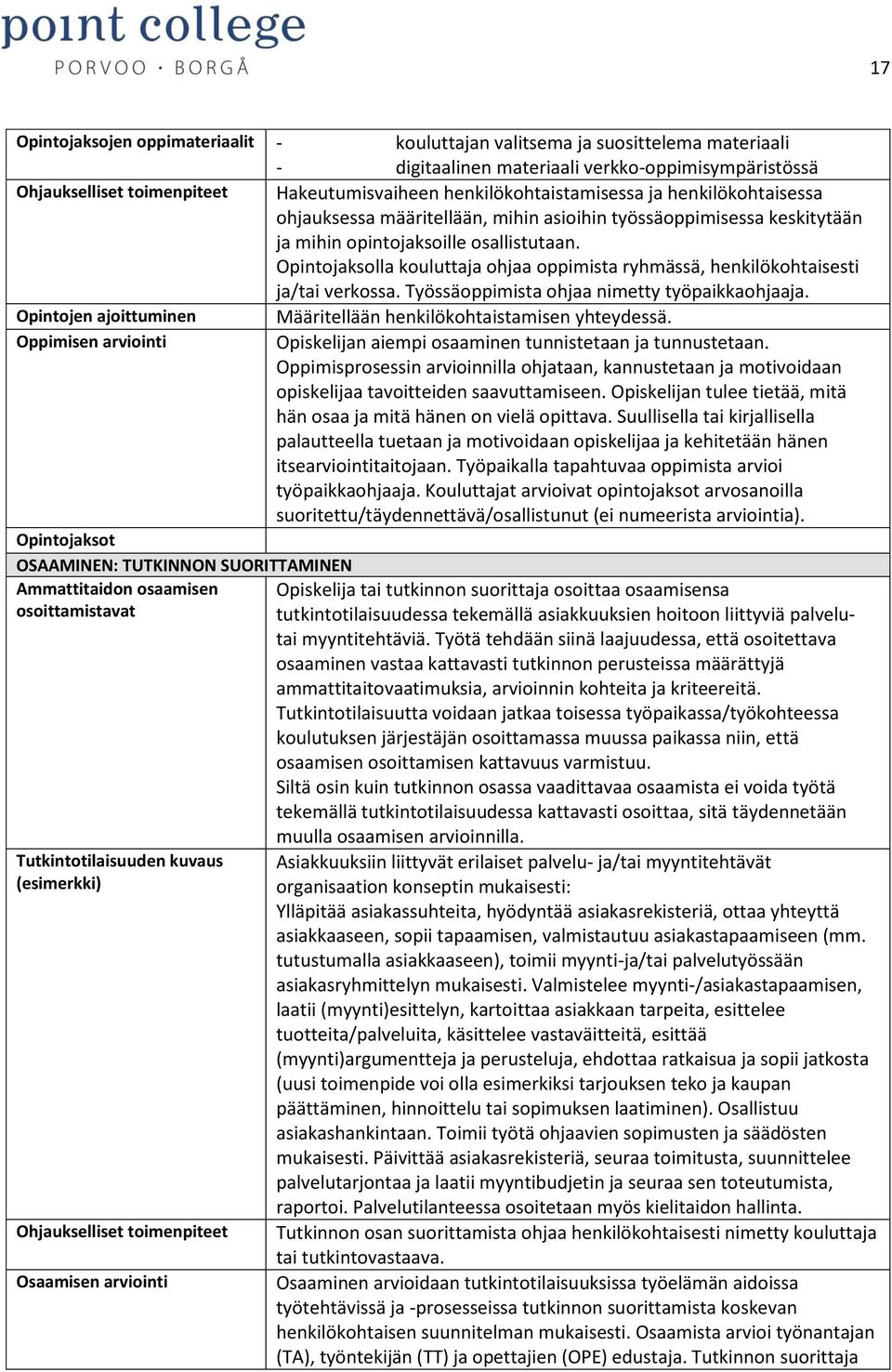 Opintojaksolla kouluttaja ohjaa oppimista ryhmässä, henkilökohtaisesti ja/tai verkossa. Työssäoppimista ohjaa nimetty työpaikkaohjaaja.