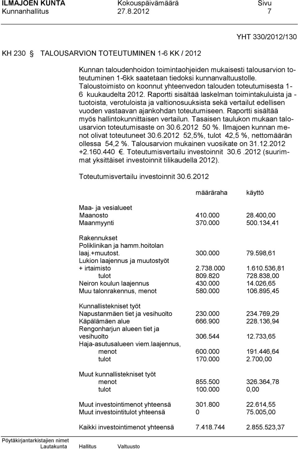 Taloustoimisto on koonnut yhteenvedon talouden toteutumisesta 1-6 kuukaudelta 2012.