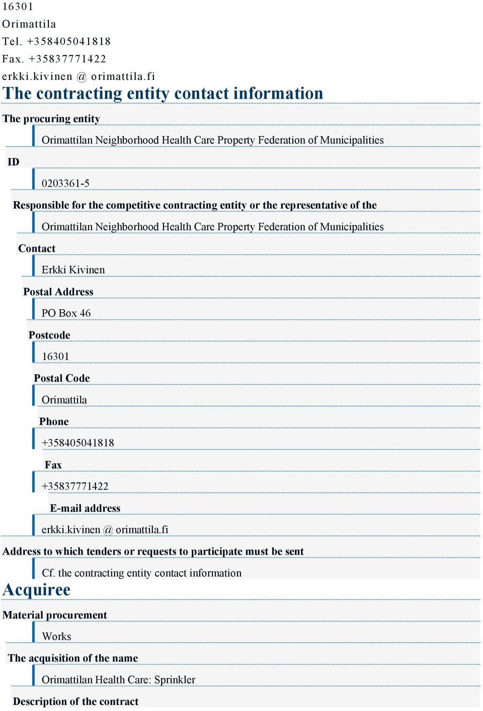 contracting entity or the representative of the Contact n Neighborhood Health Care Property Federation of Municipalities Postal Address PO Box 46 Postcode 16301 Postal Code Phone