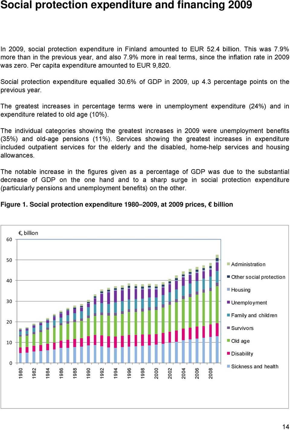 3 percentage points on the previous year. The greatest increases in percentage terms were in unemployment expenditure (24%) and in expenditure related to old age (10%).