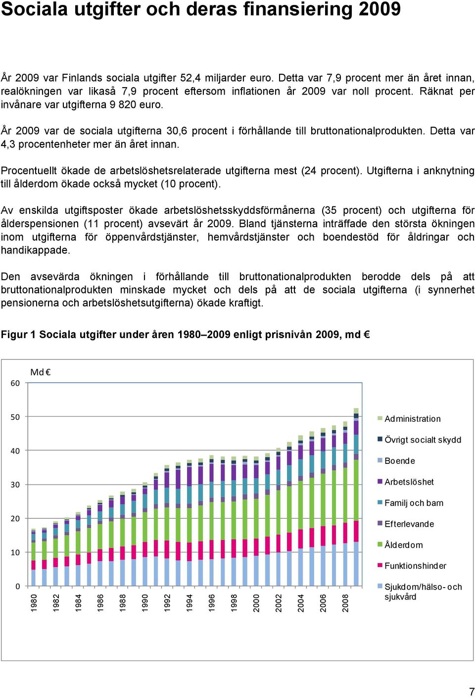 År 2009 var de sociala utgifterna 30,6 procent i förhållande till bruttonationalprodukten. Detta var 4,3 procentenheter mer än året innan.