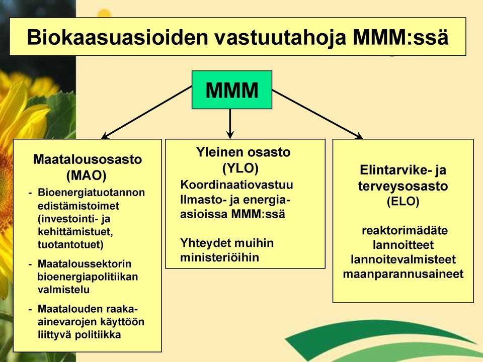 käyttöön liittyvä politiikka Yleinen osasto (YLO) Koordinaatiovastuu Ilmasto- ja energiaasioissa MMM:ssä Yhteydet