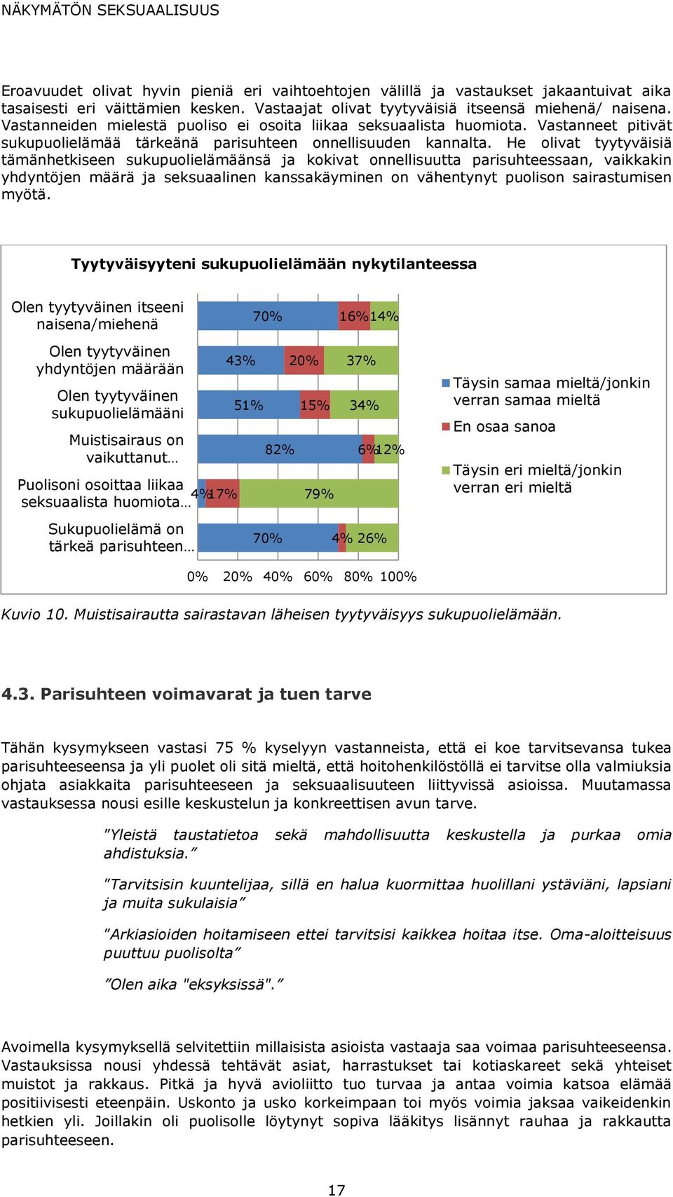 He olivat tyytyväisiä tämänhetkiseen sukupuolielämäänsä ja kokivat onnellisuutta parisuhteessaan, vaikkakin yhdyntöjen määrä ja seksuaalinen kanssakäyminen on vähentynyt puolison sairastumisen myötä.