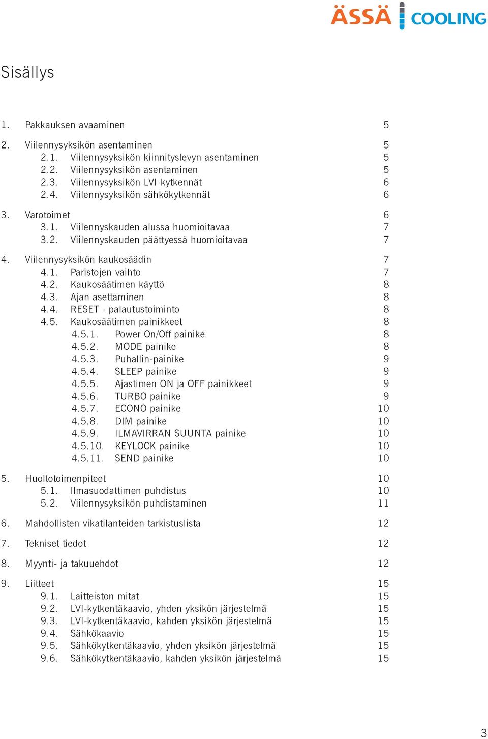 2. Kaukosäätimen käyttö 8 4.3. Ajan asettaminen 8 4.4. RESET - palautustoiminto 8 4.5. Kaukosäätimen painikkeet 8 4.5.1. Power On/Off painike 8 4.5.2. MODE painike 8 4.5.3. Puhallin-painike 9 4.5.4. SLEEP painike 9 4.