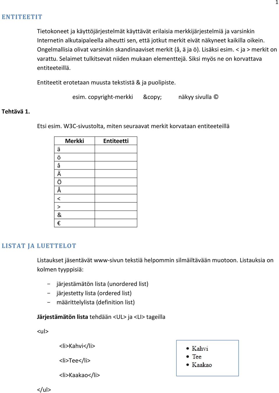 Ongelmallisia olivat varsinkin skandinaaviset merkit (å, ä ja ö). Lisäksi esim. < ja > merkit on varattu. Selaimet tulkitsevat niiden mukaan elementtejä. Siksi myös ne on korvattava entiteeteillä.