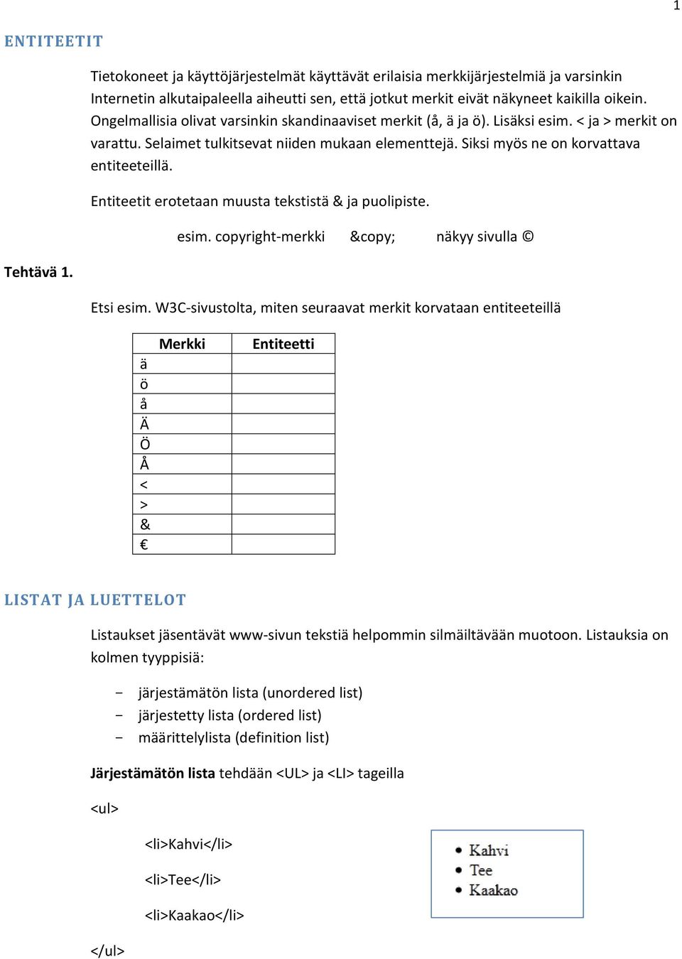 Ongelmallisia olivat varsinkin skandinaaviset merkit (å, ä ja ö). Lisäksi esim. < ja > merkit on varattu. Selaimet tulkitsevat niiden mukaan elementtejä. Siksi myös ne on korvattava entiteeteillä.