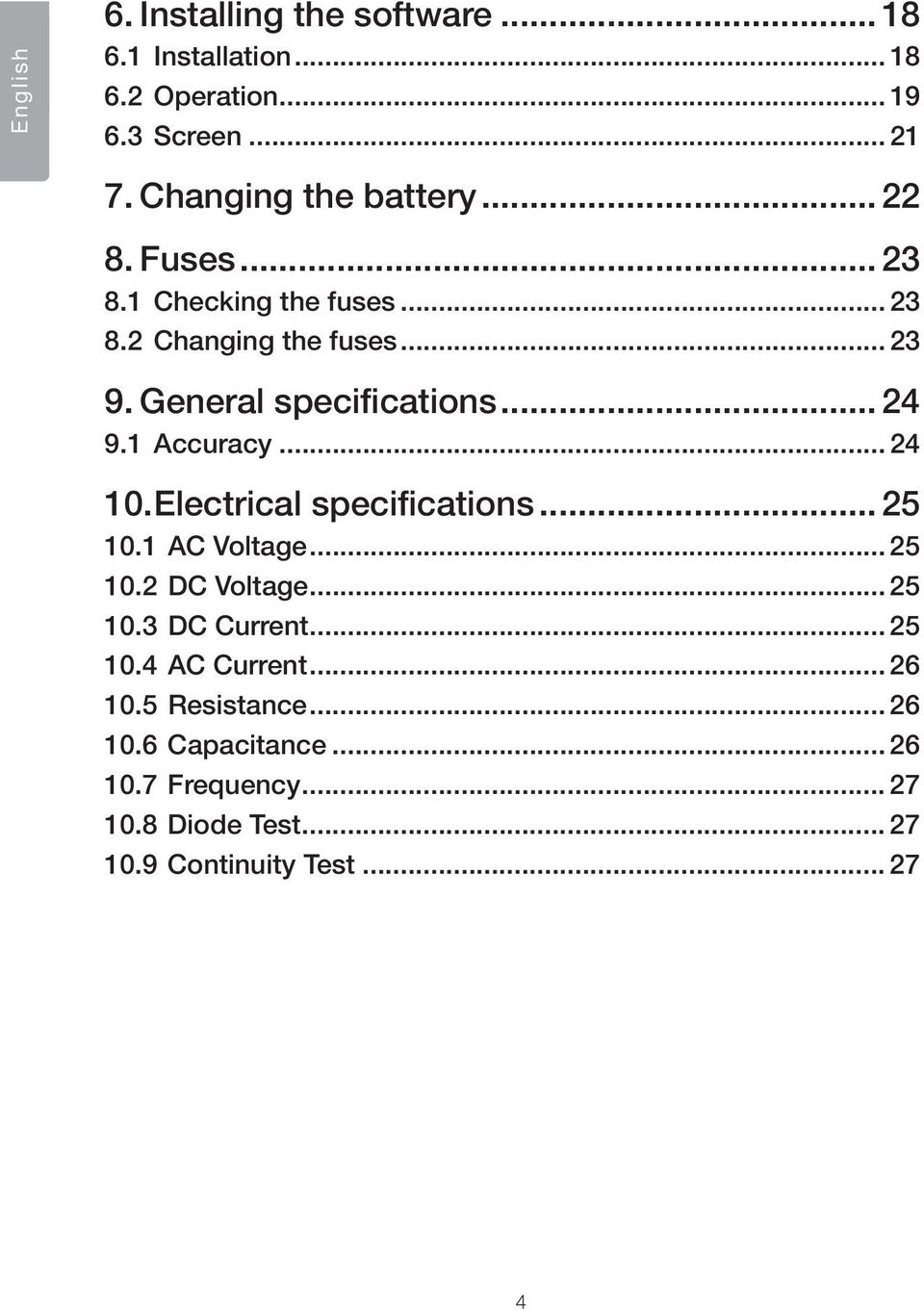 General specifications... 24 9.1 Accuracy... 24 10. Electrical specifications... 25 10.1 AC Voltage... 25 10.2 DC Voltage.