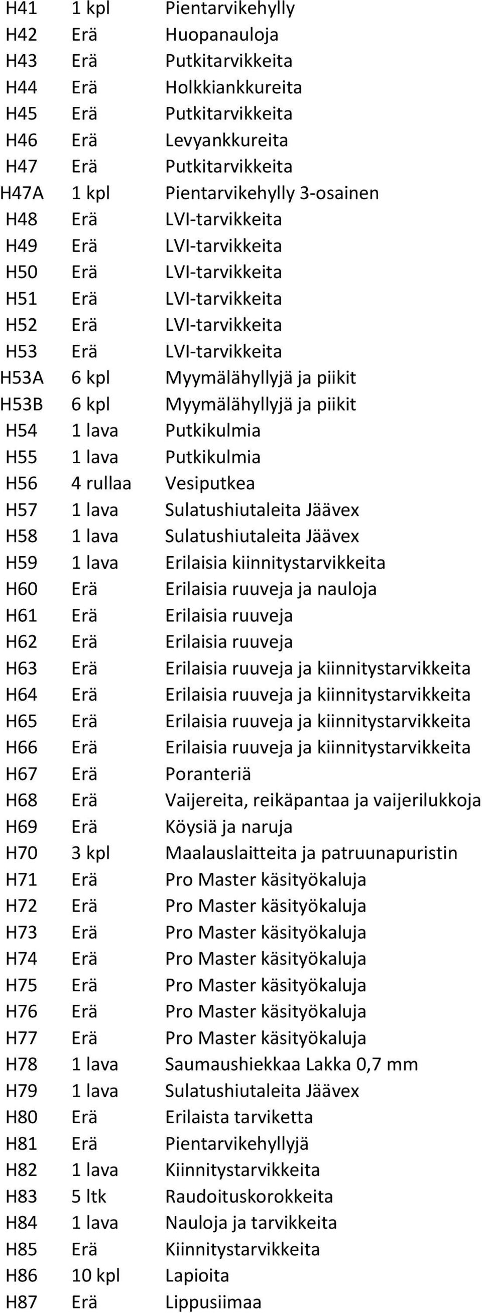 kpl Myymälähyllyjä ja piikit H54 1 lava Putkikulmia H55 1 lava Putkikulmia H56 4 rullaa Vesiputkea H57 1 lava Sulatushiutaleita Jäävex H58 1 lava Sulatushiutaleita Jäävex H59 1 lava Erilaisia