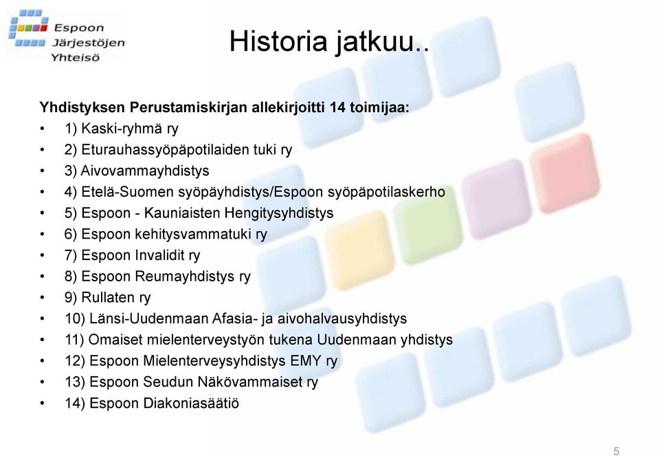 Etelä-Suomen syöpäyhdistys/espoon syöpäpotilaskerho 5) Espoon - Kauniaisten Hengitysyhdistys 6) Espoon kehitysvammatuki ry 7) Espoon