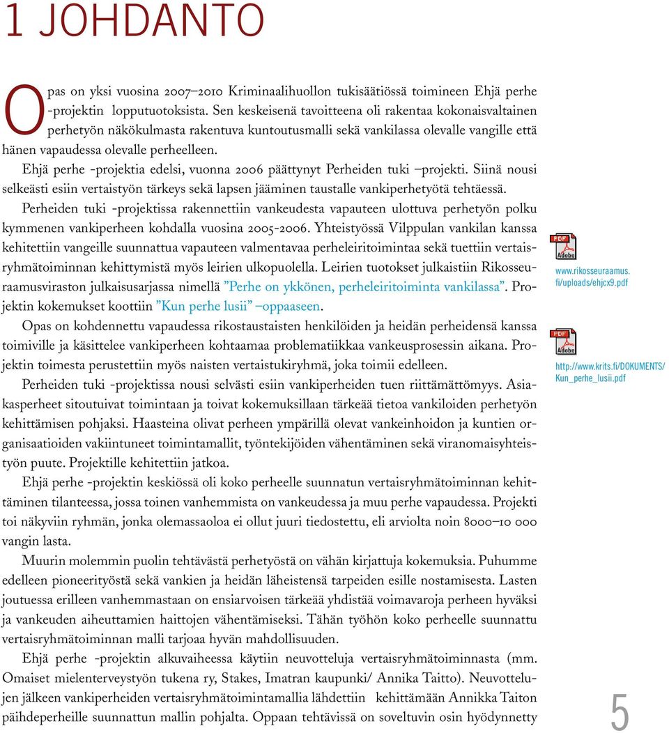 Ehjä perhe -projektia edelsi, vuonna 2006 päättynyt Perheiden tuki projekti. Siinä nousi selkeästi esiin vertaistyön tärkeys sekä lapsen jääminen taustalle vankiperhetyötä tehtäessä.