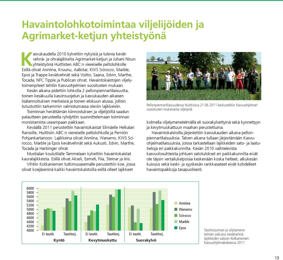 Esillä olivat Anniina, Kruunu, Aallotar, KWS Scirocco, Marble, Epos ja Trappe kevätvehnät sekä Voitto, Saana, Edvin, Marthe, Tocada, NFC Tipple ja Publican ohrat.
