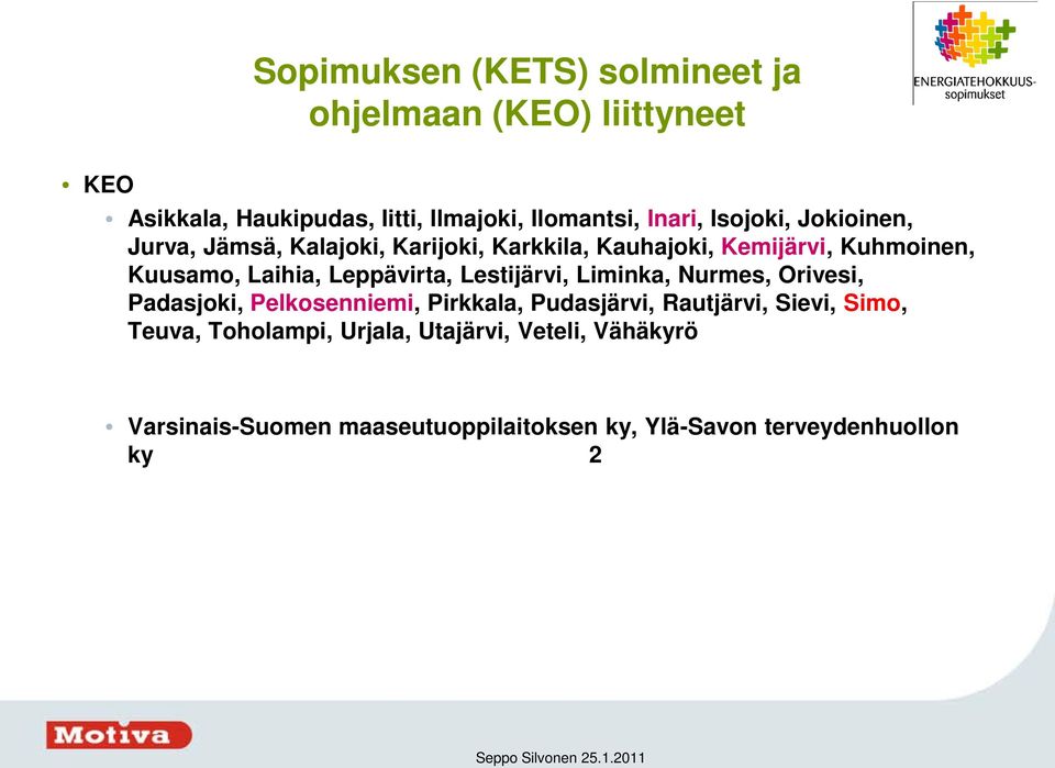 Leppävirta, Lestijärvi, Liminka, Nurmes, Orivesi, Padasjoki, Pelkosenniemi, Pirkkala, Pudasjärvi, Rautjärvi, Sievi,