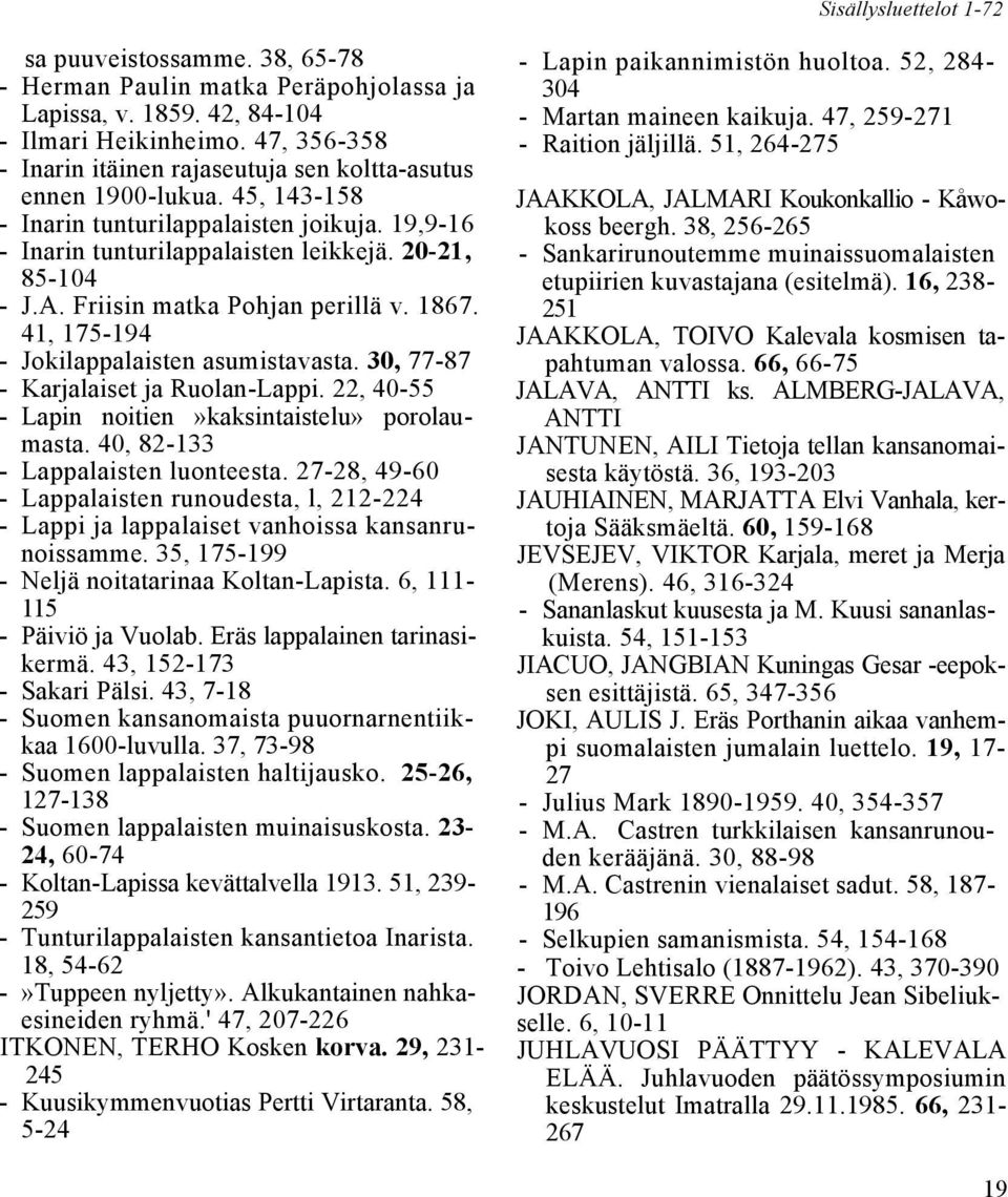 Friisin matka Pohjan perillä v. 1867. 41, 175-194 - Jokilappalaisten asumistavasta. 30, 77-87 - Karjalaiset ja Ruolan-Lappi. 22, 40-55 - Lapin noitien»kaksintaistelu» porolaumasta.