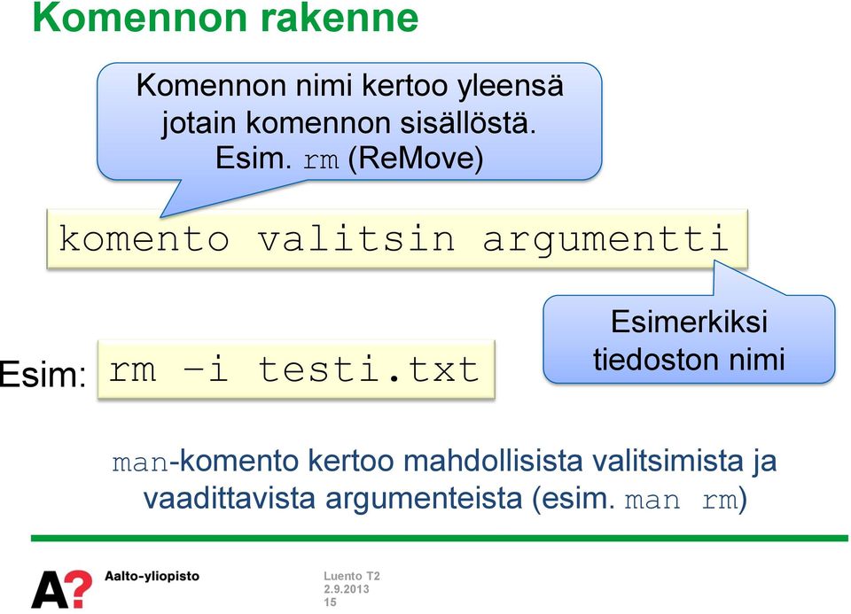 rm (ReMove) komento valitsin argumentti Esim: rm i testi.