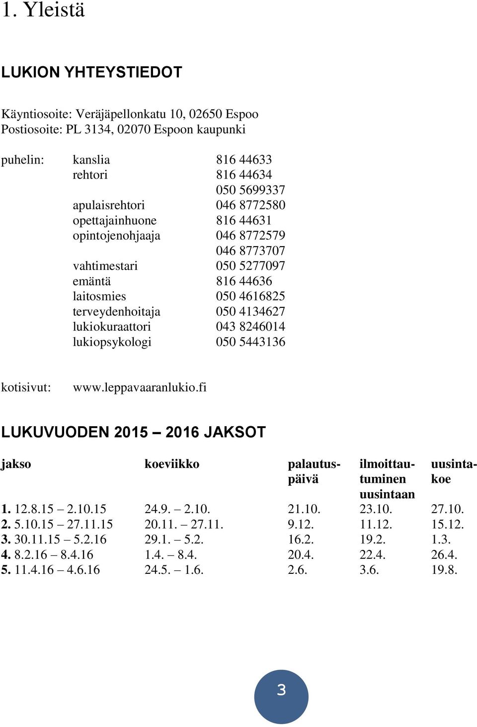 lukiopsykologi 050 5443136 kotisivut: www.leppavaaranlukio.fi LUKUVUODEN 2015 2016 JAKSOT jakso koeviikko palautus- ilmoittau- uusintapäivä tuminen koe uusintaan 1. 12.8.15 2.10.15 24.9. 2.10. 21.10. 23.