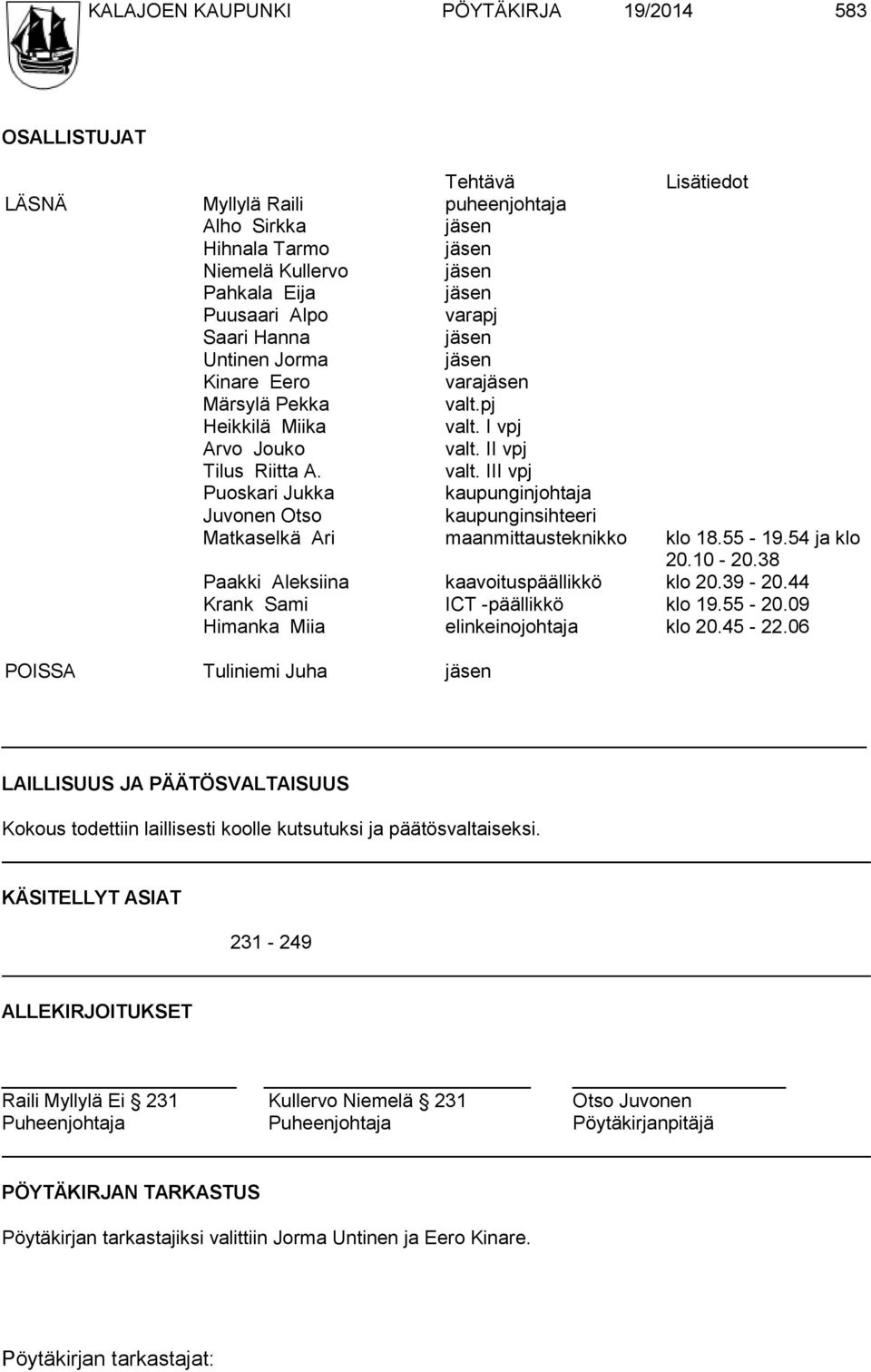 pj Heikkilä Miika valt. I vpj Arvo Jouko valt. II vpj Tilus Riitta A. valt. III vpj Puoskari Jukka kaupunginjohtaja Juvonen Otso kaupunginsihteeri Matkaselkä Ari maanmittausteknikko klo 18.55-19.