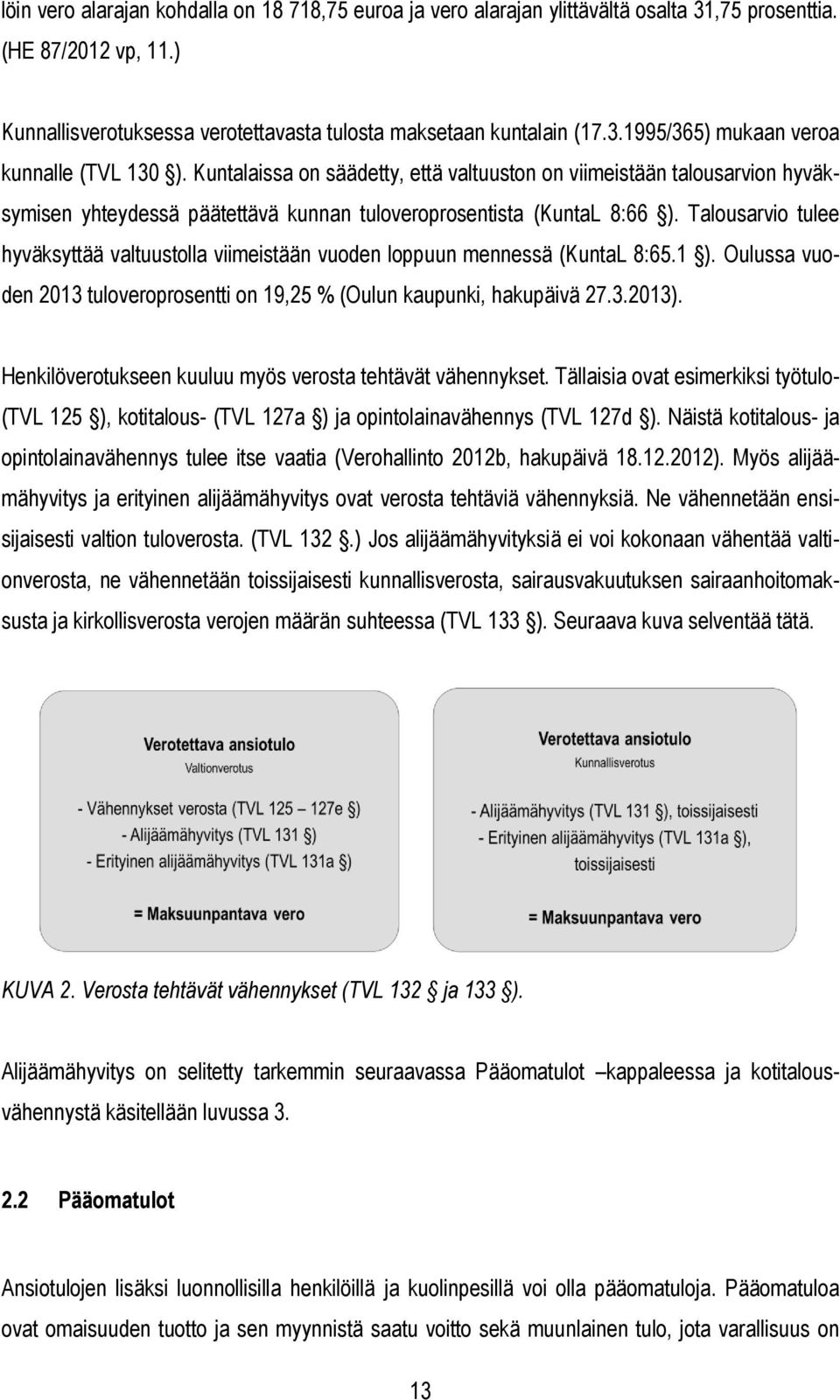 Talousarvio tulee hyväksyttää valtuustolla viimeistään vuoden loppuun mennessä (KuntaL 8:65.1 ). Oulussa vuoden 2013 tuloveroprosentti on 19,25 % (Oulun kaupunki, hakupäivä 27.3.2013).