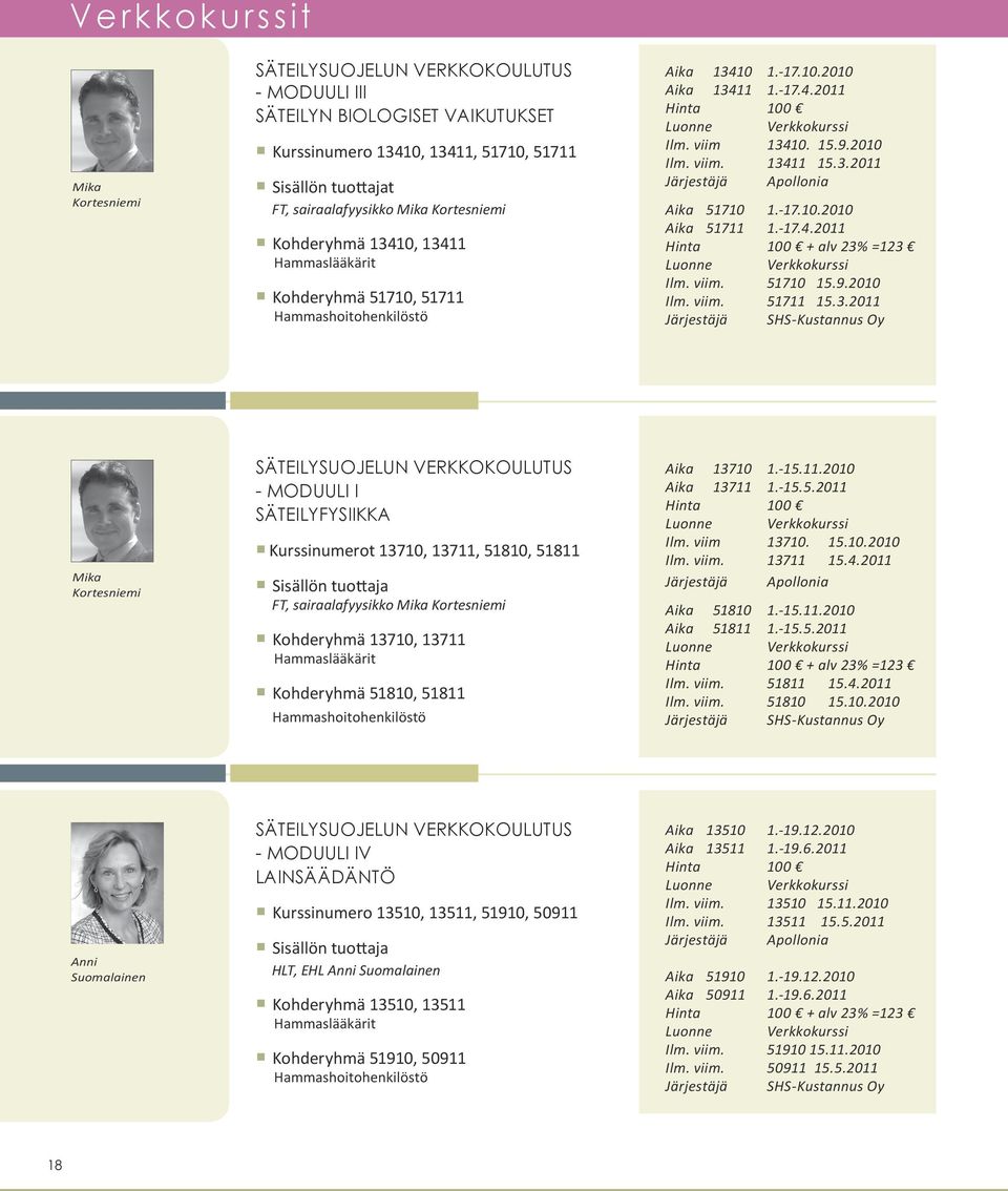 3.2011 Mika Kortesniemi - MODUULI I SÄTEILYFYSIIKKA Kurssinumerot 13710, 13711, 51810, 51811 Sisällön tuo aja FT, sairaalafyysikko Mika Kortesniemi 13710, 13711 51810, 51811 Aika 13710 1.-15.11.2010 Aika 13711 1.