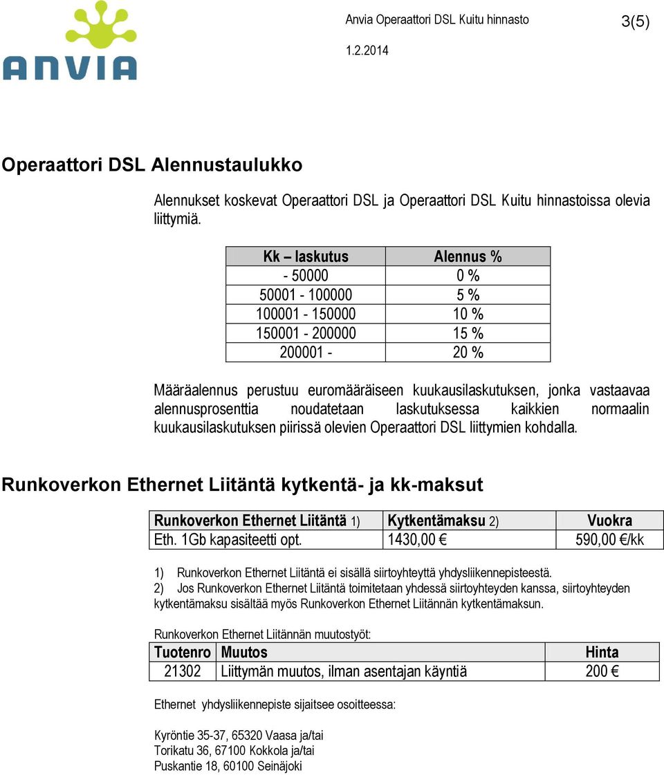 noudatetaan laskutuksessa kaikkien normaalin kuukausilaskutuksen piirissä olevien Operaattori DSL liittymien kohdalla.