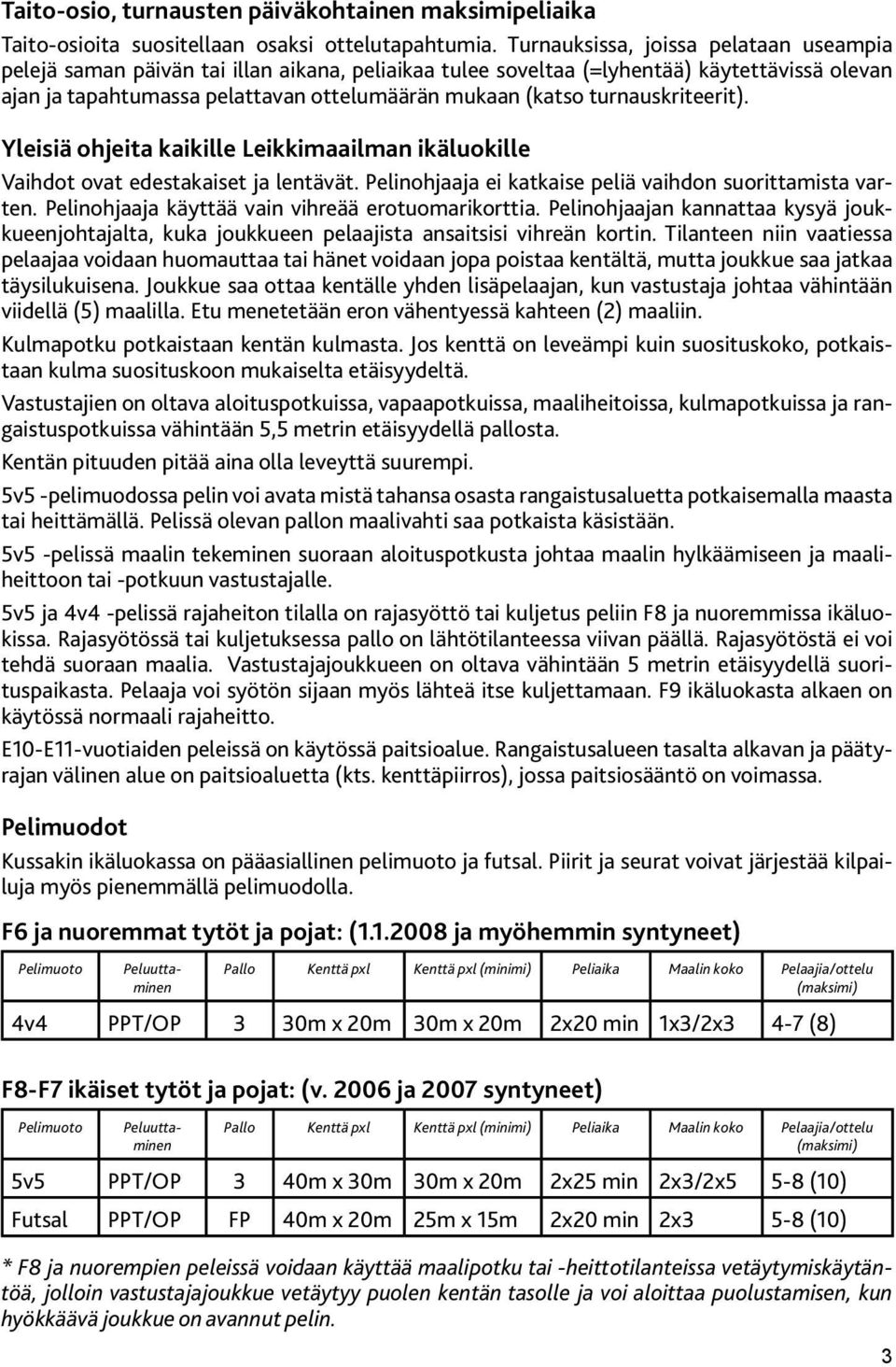 turnauskriteerit). Yleisiä ohjeita kaikille Leikkimaailman ikäluokille Vaihdot ovat edestakaiset ja lentävät. Pelinohjaaja ei katkaise peliä vaihdon suorittamista varten.