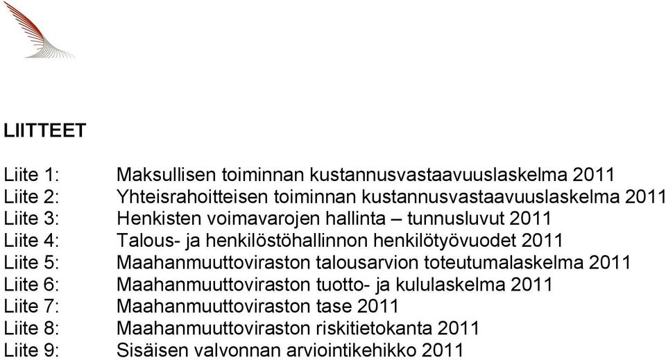 henkilötyövuodet 2011 Liite 5: Maahanmuuttoviraston talousarvion toteutumalaskelma 2011 Liite 6: Maahanmuuttoviraston tuotto- ja