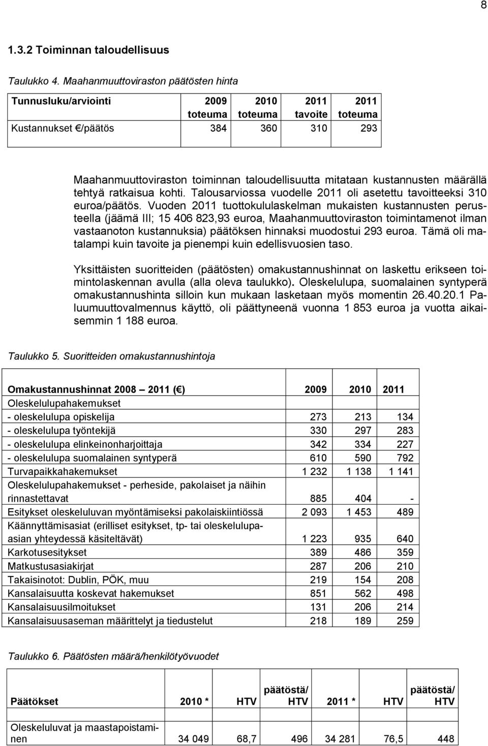 mitataan kustannusten määrällä tehtyä ratkaisua kohti. Talousarviossa vuodelle 2011 oli asetettu tavoitteeksi 310 euroa/päätös.