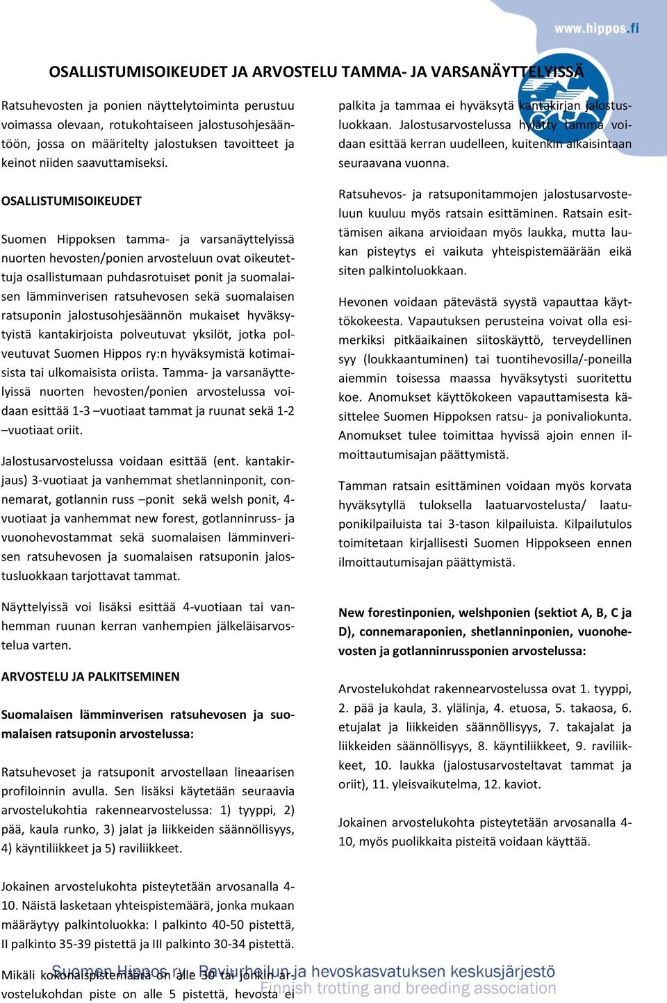 OSALLISTUMISOIKEUDET Suomen Hippoksen tamma- ja varsanäyttelyissä nuorten hevosten/ponien arvosteluun ovat oikeutettuja osallistumaan puhdasrotuiset ponit ja suomalaisen lämminverisen ratsuhevosen