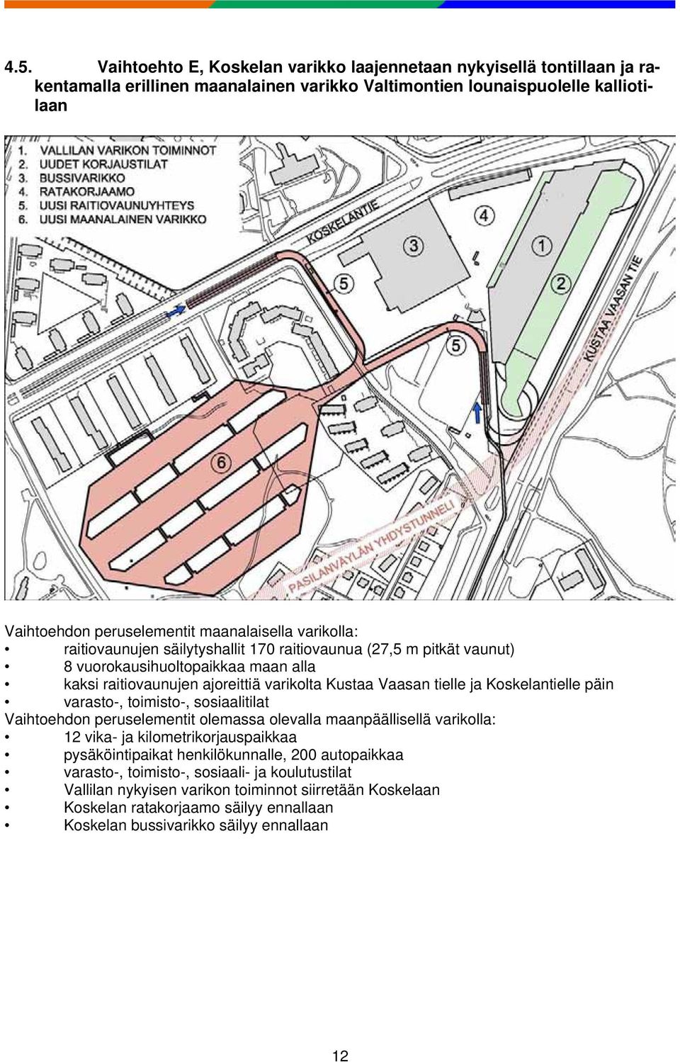 ja Koskelantielle päin varasto-, toimisto-, sosiaalitilat Vaihtoehdon peruselementit olemassa olevalla maanpäällisellä varikolla: 12 vika- ja kilometrikorjauspaikkaa pysäköintipaikat