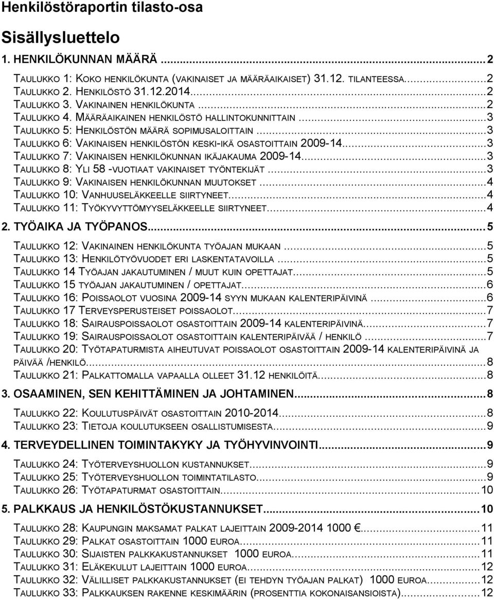 ..3 TAULUKKO 6: VAKINAISEN HENKILÖSTÖN KESKI-IKÄ OSASTOITTAIN 2009-14...3 TAULUKKO 7: VAKINAISEN HENKILÖKUNNAN IKÄJAKAUMA 2009-14...3 TAULUKKO 8: YLI 58 -VUOTIAAT VAKINAISET TYÖNTEKIJÄT.