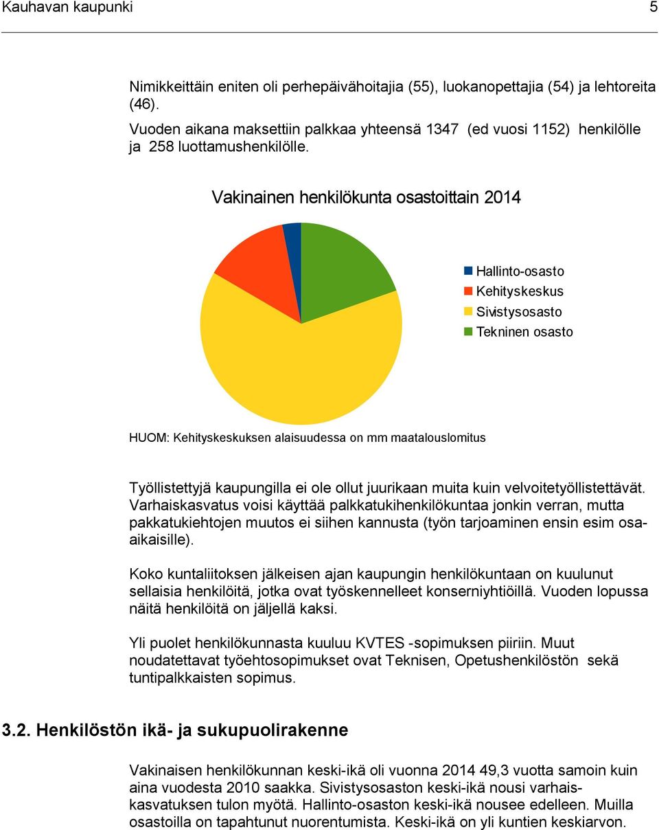 Vakinainen henkilökunta osastoittain 2014 Hallinto-osasto Kehityskeskus Sivistysosasto Tekninen osasto HUOM: Kehityskeskuksen alaisuudessa on mm maatalouslomitus Työllistettyjä kaupungilla ei ole