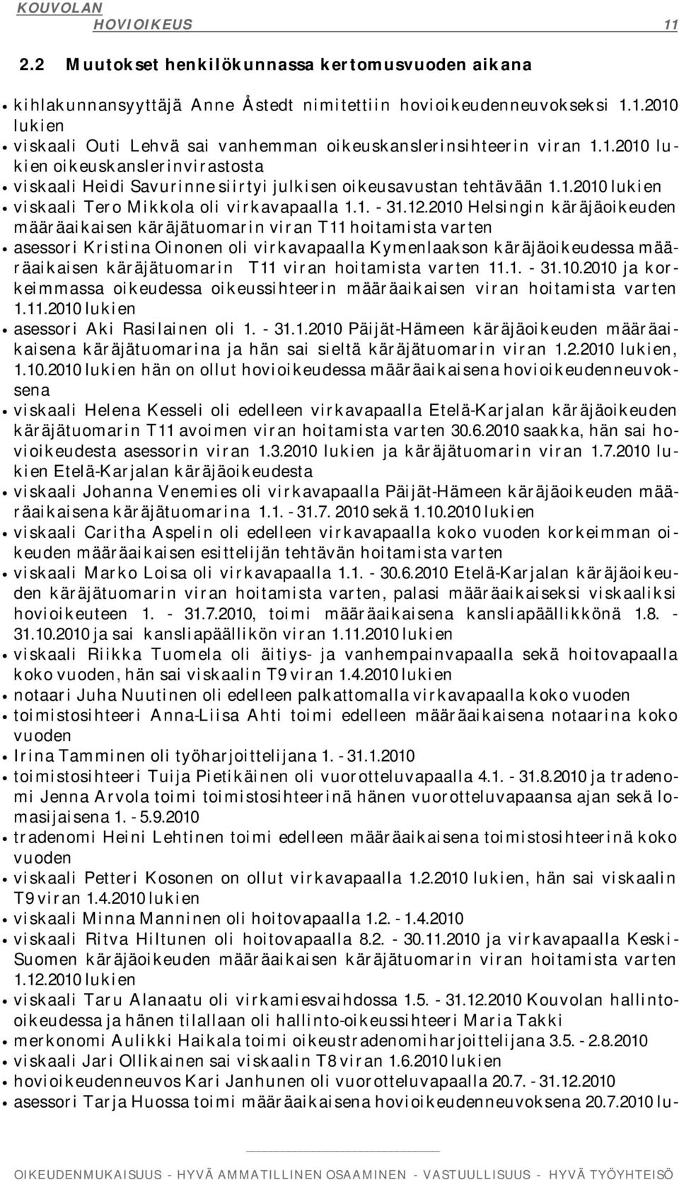 2010 Helsingin käräjäoikeuden määräaikaisen käräjätuomarin viran T11 hoitamista varten asessori Kristina Oinonen oli virkavapaalla Kymenlaakson käräjäoikeudessa määräaikaisen käräjätuomarin T11 viran