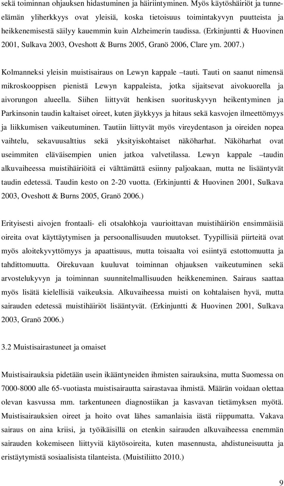 (Erkinjuntti & Huovinen 2001, Sulkava 2003, Oveshott & Burns 2005, Granö 2006, Clare ym. 2007.) Kolmanneksi yleisin muistisairaus on Lewyn kappale tauti.