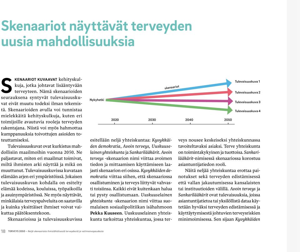 Skenaarioiden avulla voi tunnistaa mielekkäitä kehityskulkuja, kuten eri toimijoille avautuvia rooleja terveyden rakentajana.