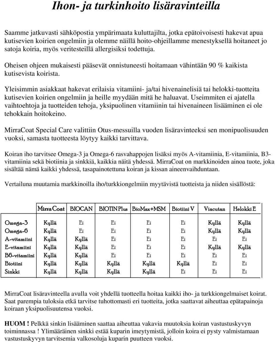 Yleisimmin asiakkaat hakevat erilaisia vitamiini- ja/tai hivenainelisiä tai helokki-tuotteita kutisevien koirien ongelmiin ja heille myydään mitä he haluavat.