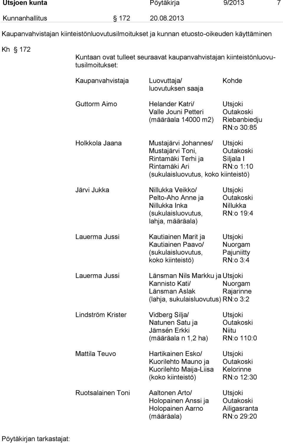 Luovuttaja/ Kohde luovutuksen saaja Guttorm Aimo Helander Katri/ Utsjoki Valle Jouni Petteri Outakoski (määräala 14000 m2) Riebanbiedju RN:o 30:85 Holkkola Jaana Mustajärvi Johannes/ Utsjoki