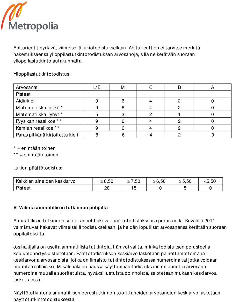 Ylioppilastutkintotodistus: Arvosanat L/E M C B A Pisteet Äidinkieli 9 6 4 2 0 Matematiikka, pitkä * 9 6 4 2 0 Matematiikka, lyhyt * 5 3 2 1 0 Fyysikan reaalikoe ** 9 6 4 2 0 Kemian reaalikoe ** 9 6