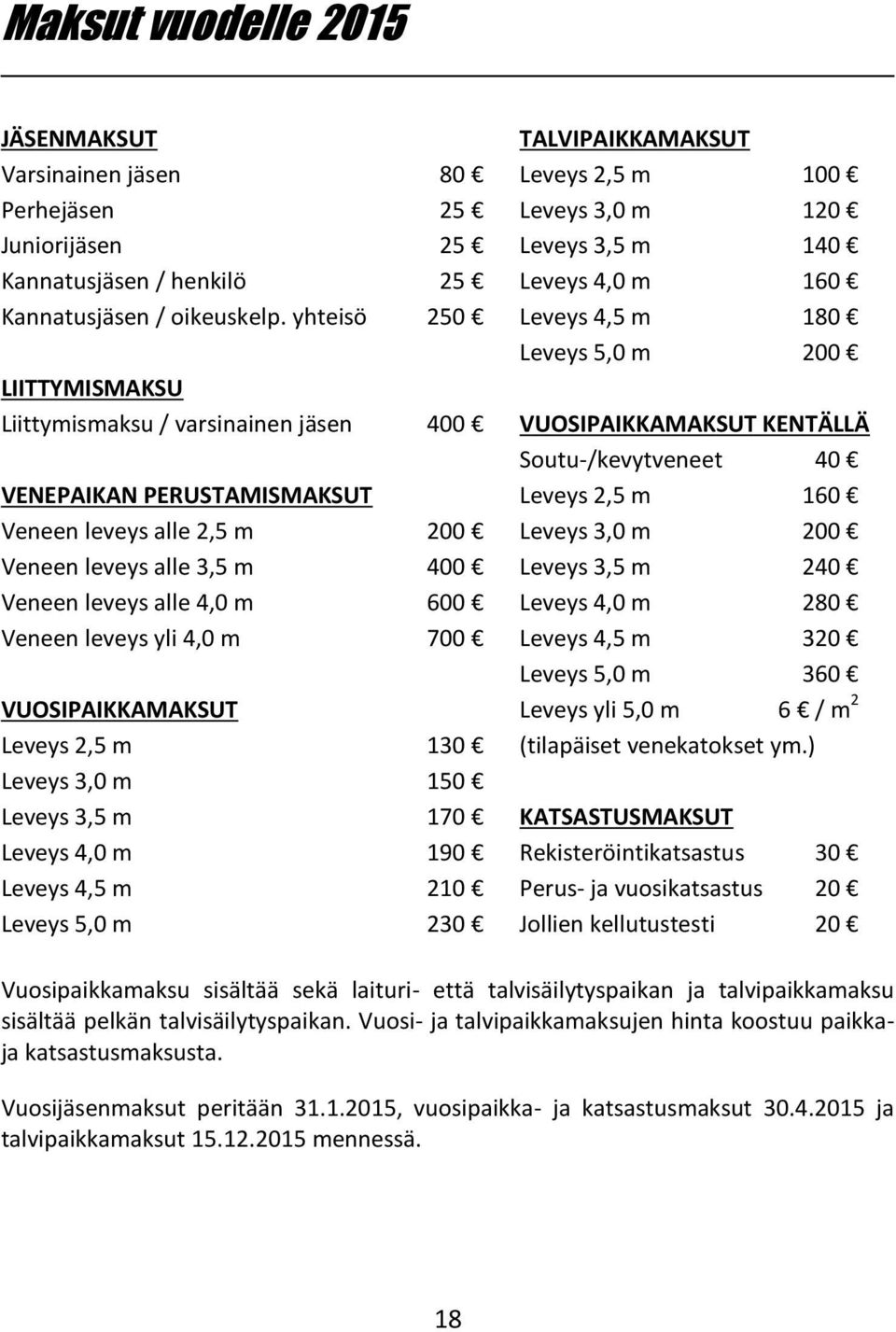 yhteisö 250 Leveys 4,5 m 180 Leveys 5,0 m 200 LIITTYMISMAKSU Liittymismaksu / varsinainen jäsen 400 VUOSIPAIKKAMAKSUT KENTÄLLÄ Soutu-/kevytveneet 40 VENEPAIKAN PERUSTAMISMAKSUT Leveys 2,5 m 160