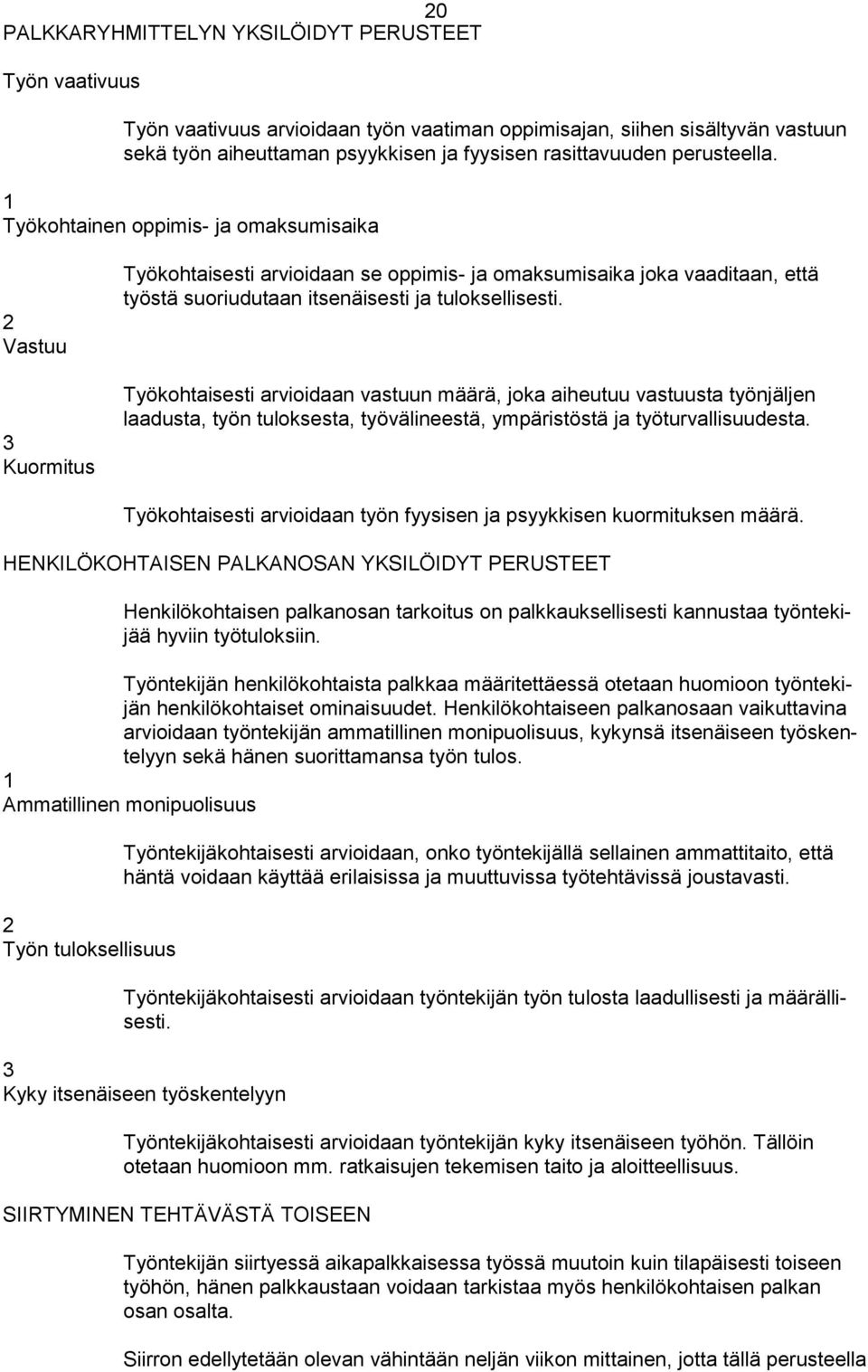 1 Työkohtainen oppimis- ja omaksumisaika 2 Vastuu 3 Kuormitus Työkohtaisesti arvioidaan se oppimis- ja omaksumisaika joka vaaditaan, että työstä suoriudutaan itsenäisesti ja tuloksellisesti.