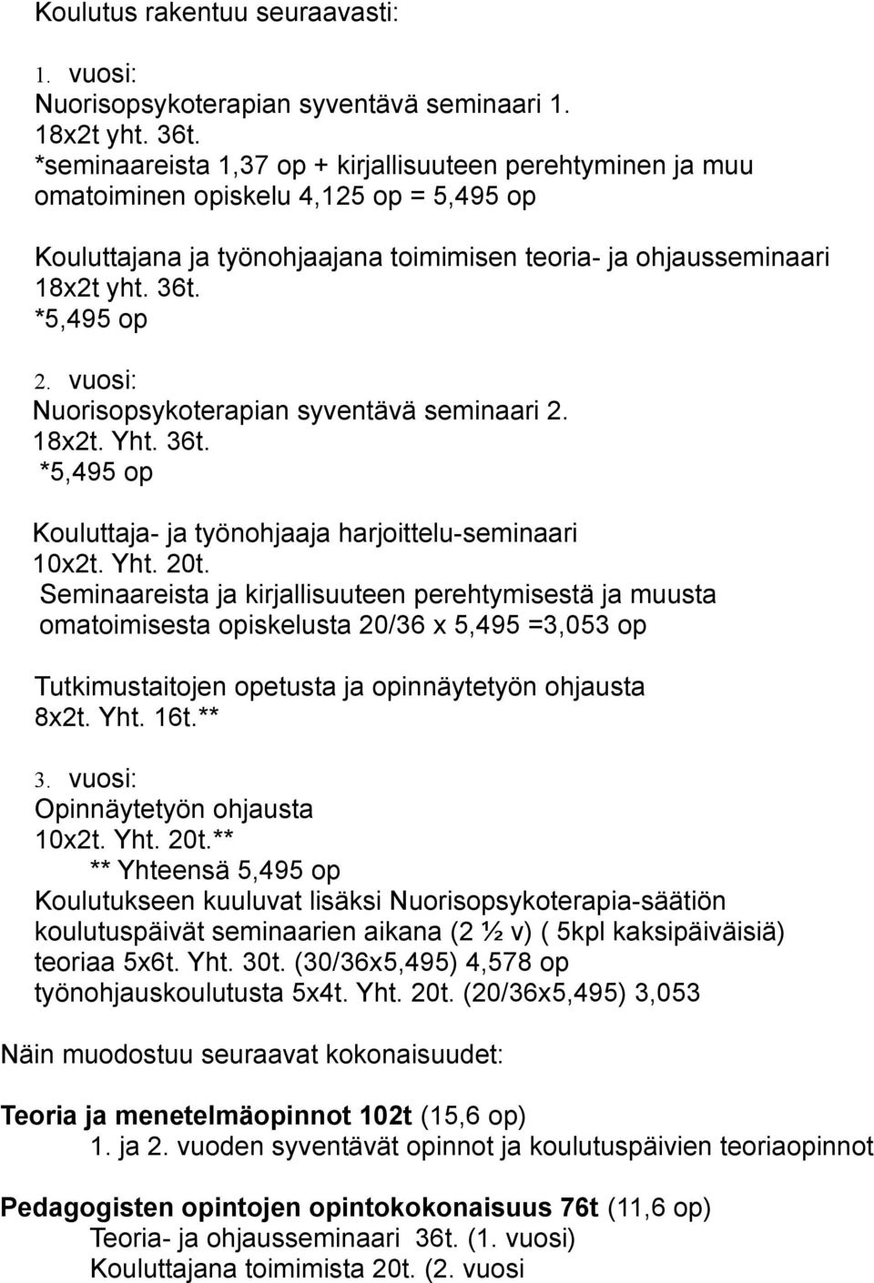 vuosi: Nuorisopsykoterapian syventävä seminaari 2. 18x2t. Yht. 36t. *5,495 op Kouluttaja- ja työnohjaaja harjoittelu-seminaari 10x2t. Yht. 20t.