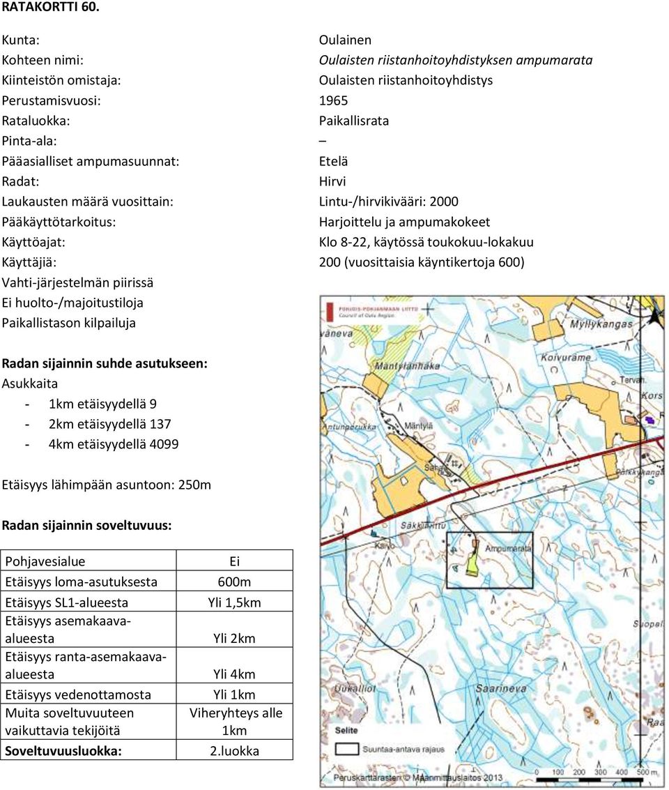 ampumarata Oulaisten riistanhoitoyhdistys 1965 Paikallisrata Etelä Hirvi Lintu-/hirvikivääri: 2000 Harjoittelu ja ampumakokeet