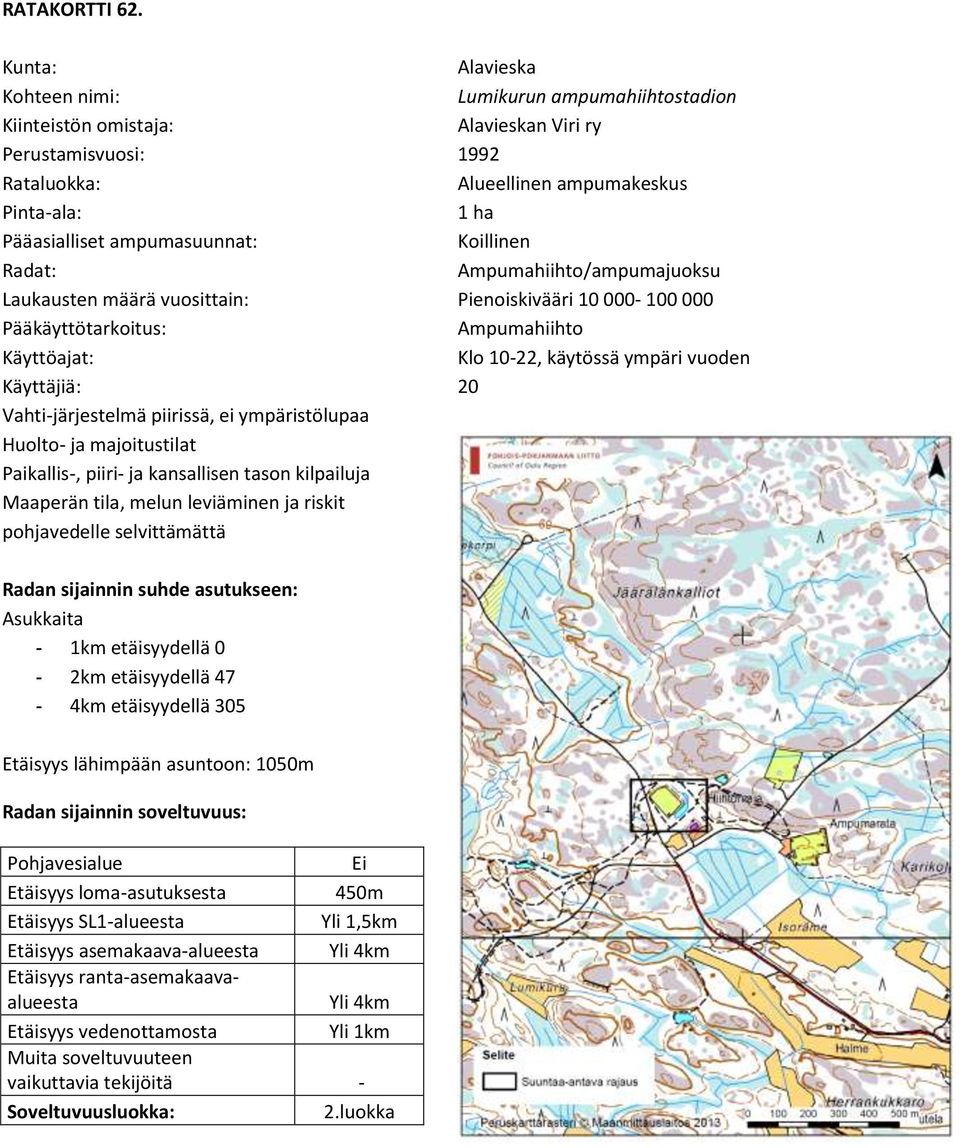 tila, melun leviäminen ja riskit pohjavedelle selvittämättä Alavieska Lumikurun ampumahiihtostadion Alavieskan Viri ry 1992 Alueellinen