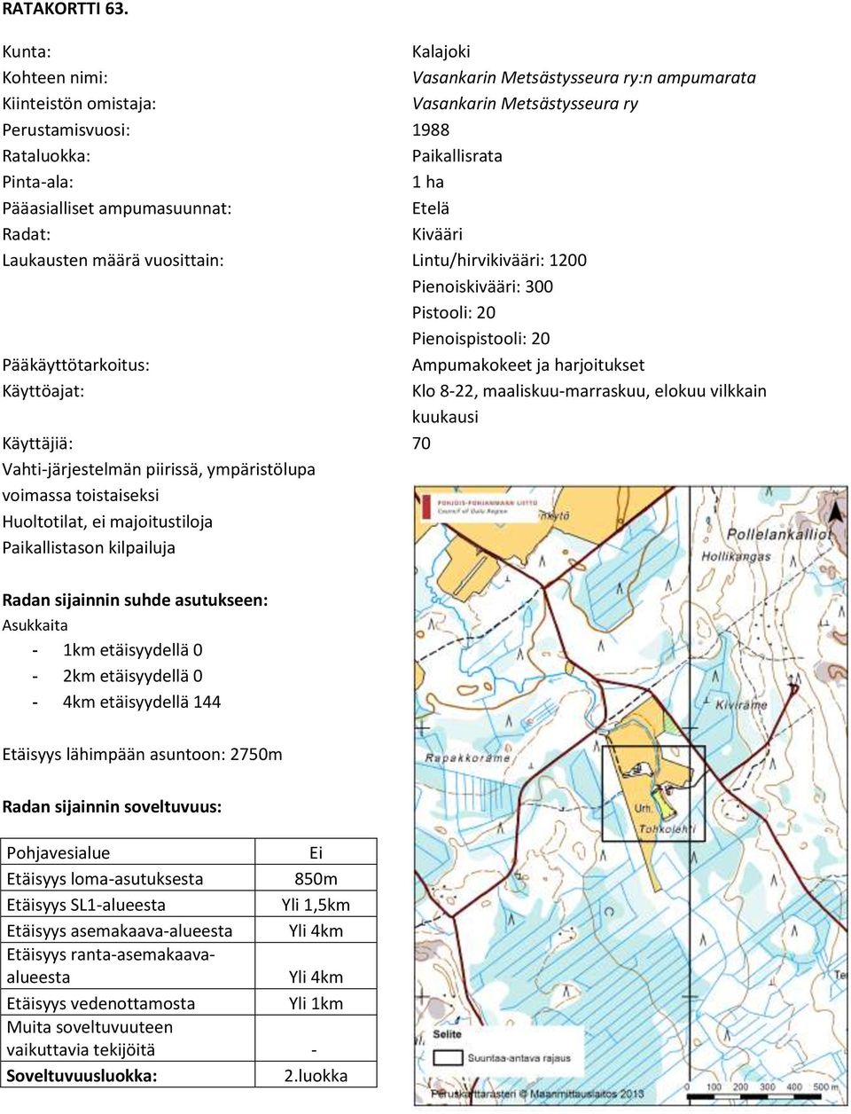 Vasankarin Metsästysseura ry:n ampumarata Vasankarin Metsästysseura ry 1988 Paikallisrata 1 ha Etelä Kivääri Lintu/hirvikivääri: 1200