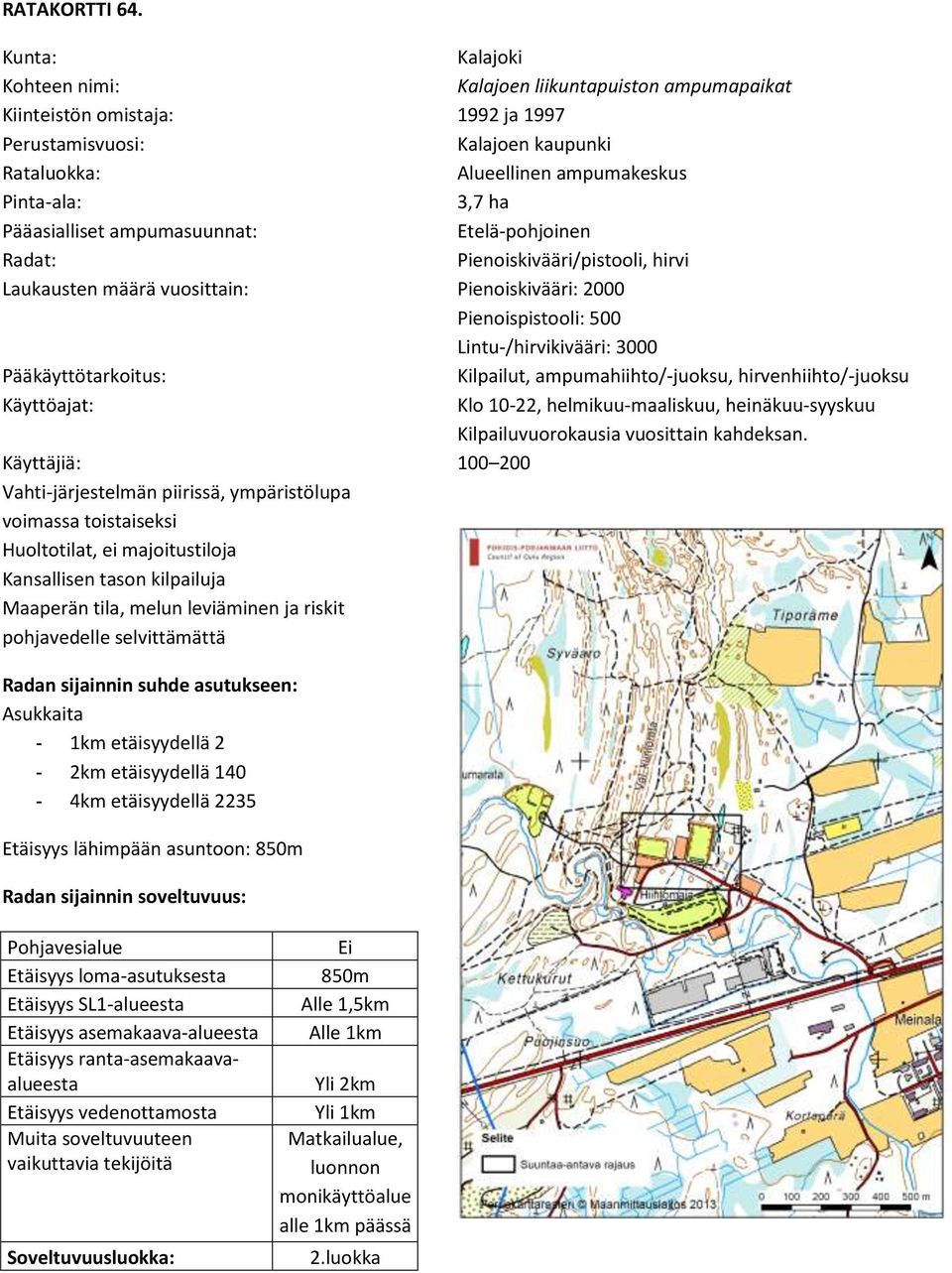 Kalajoki Kalajoen liikuntapuiston ampumapaikat 1992 ja 1997 Kalajoen kaupunki Alueellinen ampumakeskus 3,7 ha Etelä-pohjoinen Pienoiskivääri/pistooli, hirvi Pienoiskivääri: 2000 Pienoispistooli: 500