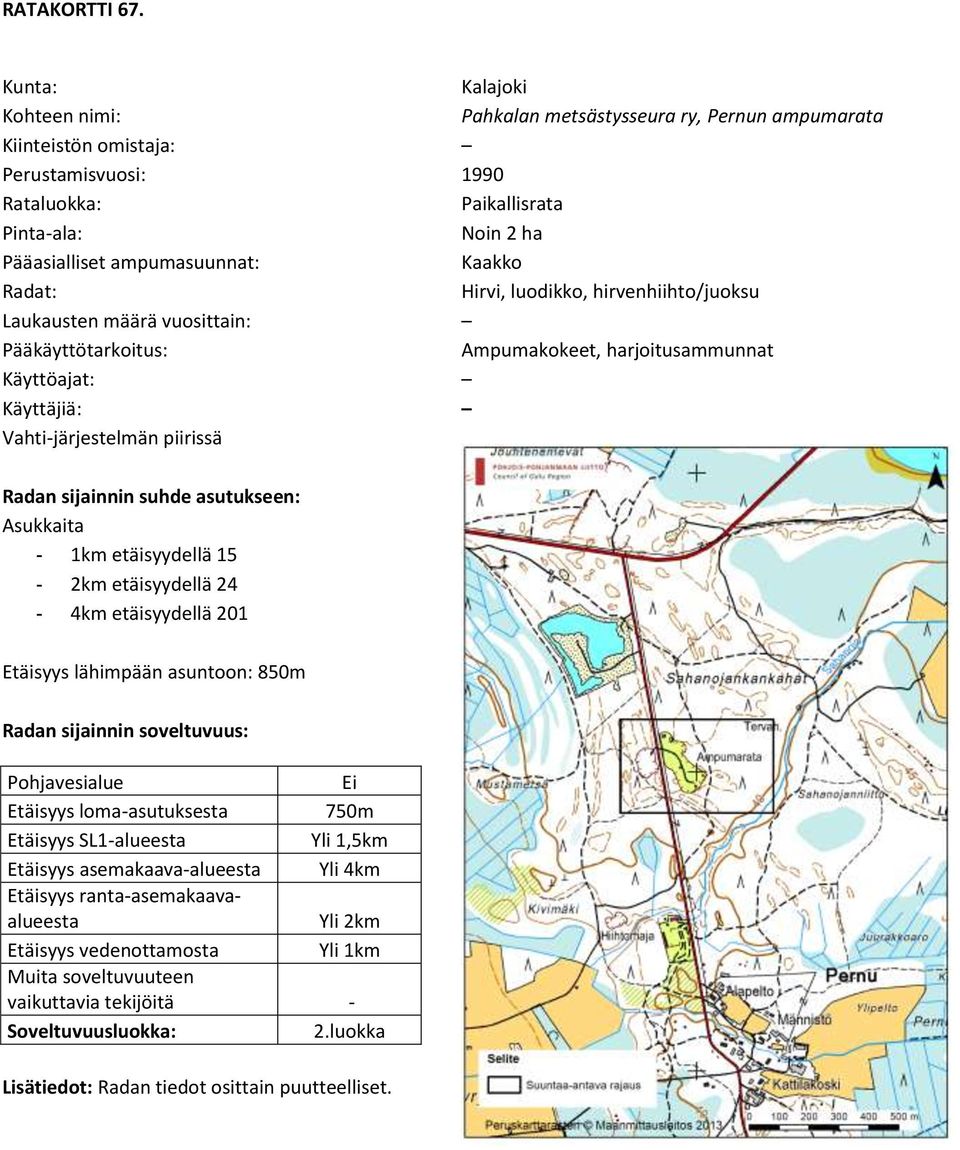 Paikallisrata Noin 2 ha Kaakko Hirvi, luodikko, hirvenhiihto/juoksu Ampumakokeet,